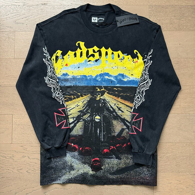 GodSpeed Washed Black Motorcycle Graphic Long Sleeve T-Shirt