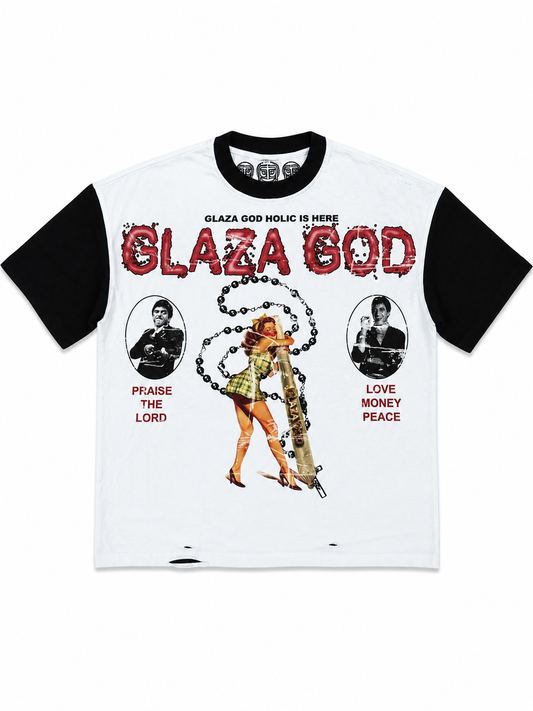 GLAZA GOD La Santa -Distressed Acid Wash Oversized Tee