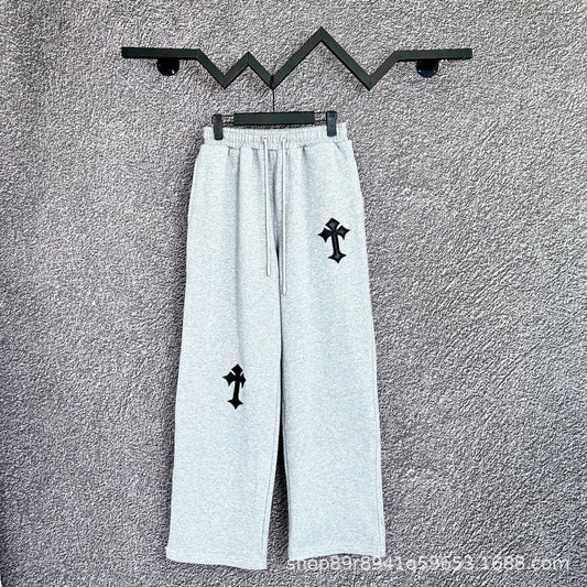 Chrome Hearts Wide-Leg Cross Applique Lounge Pants (Light Grey)